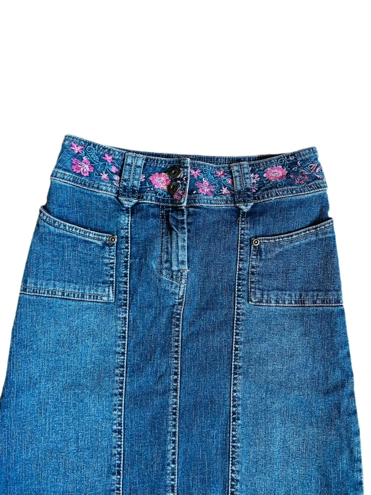 🦋Jupe en jean brodée vintage 2000 Y2K boho folk hippie cottage floral embroidery denim skirt 34/36🌸 – photo 6